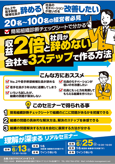 収益2倍を出し続け、社員が辞めない組織づくりを3ステップで手に入れる方法1DAYセミナー