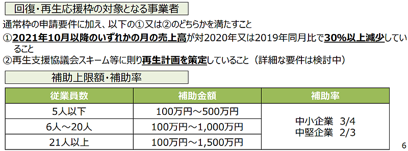 令和二年度第三次補正・令和三年度補正　事業再構築補助金（第6回）回復・再生応援枠