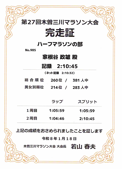 木曽三川ハーフマラソン完走