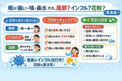 喉が痛い・咳・鼻水…それ、風邪？インフル？花粉？見分け方と受診目安（青森版）