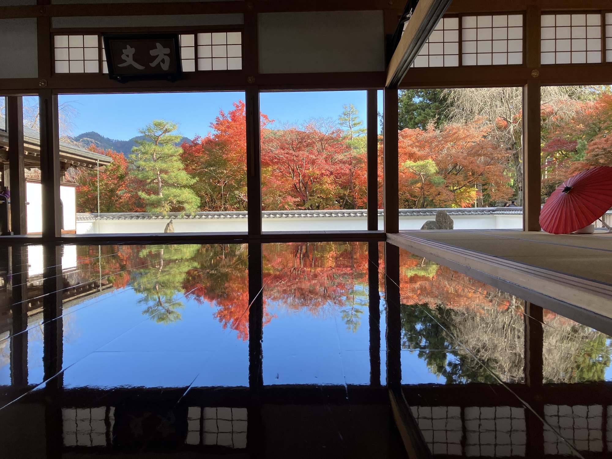 本堂の床に漆が塗られ、庭園の紅葉が反射