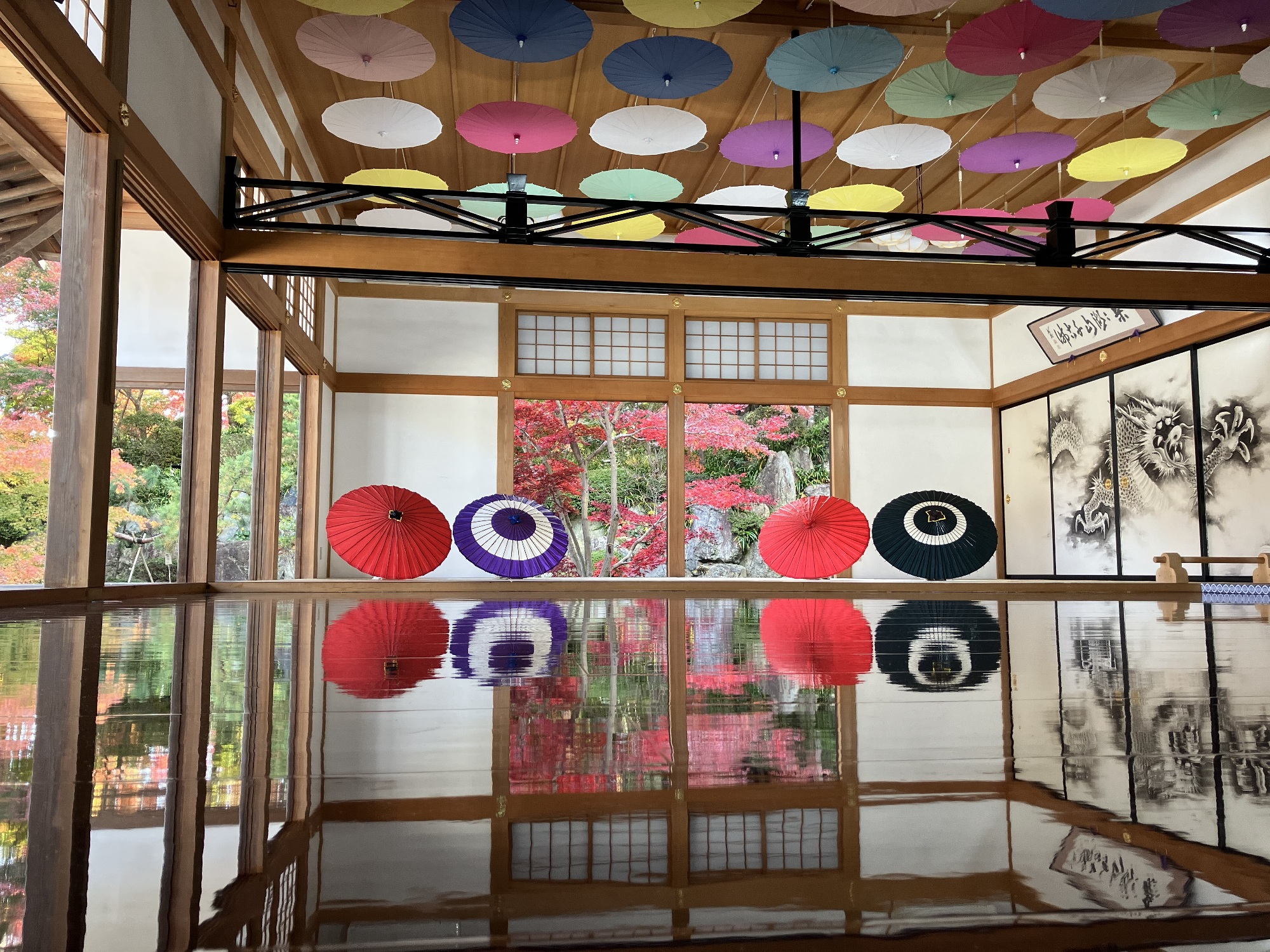 本堂の天井に釣られた和傘が漆の床に反射