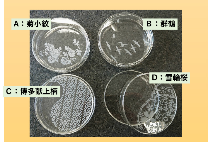 ガラスシャーレ　サンドブラスト　オリジナルデザイン　理化学実験用　和風デザイン