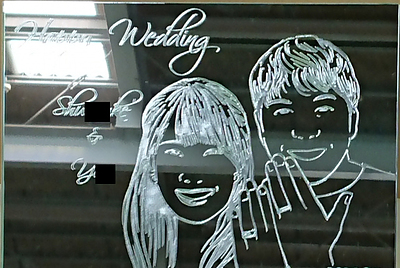 ウェルカムボード　結婚記念日　結婚祝い　エッチングミラー　ガラス工芸　ハンドメイド　オリジナルデザイン　1点物　似顔絵入り