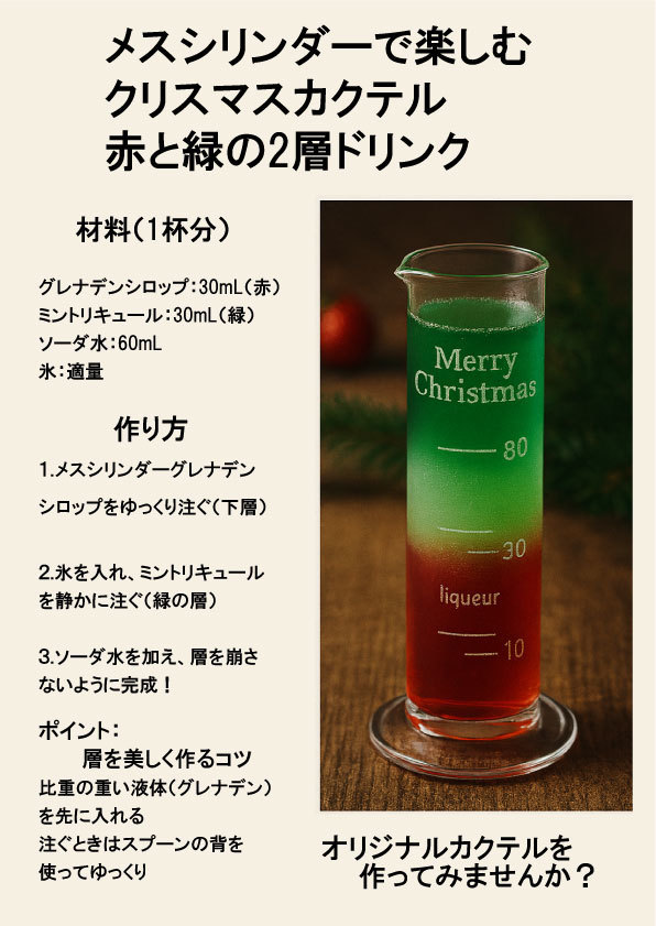 クリスマス　メスシリンダー　カクテル　簡単レシピ　サンドブラスト