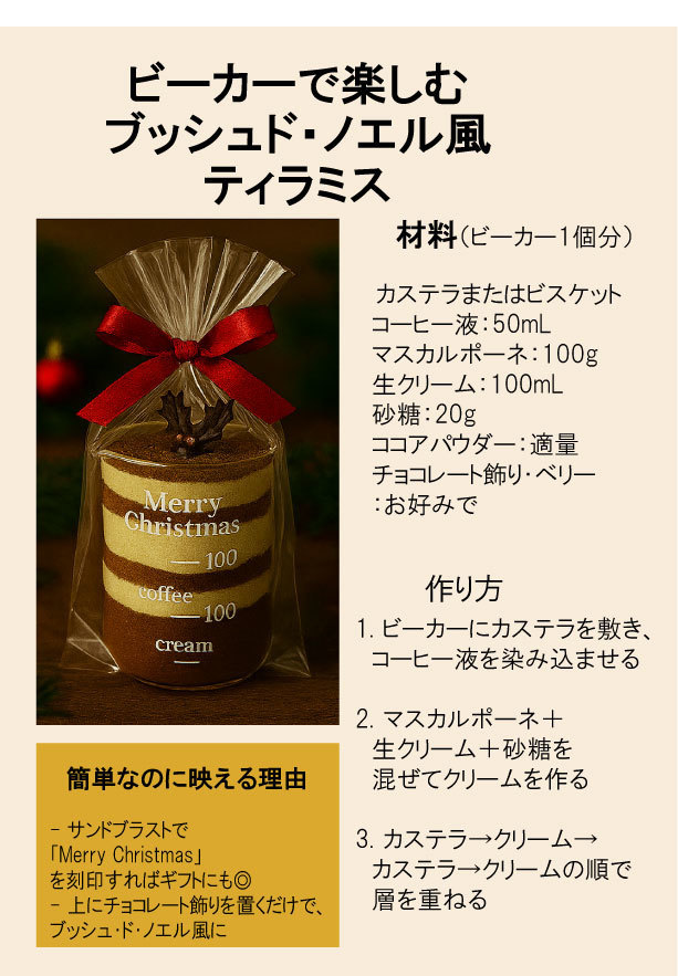 ビーカーで作る ブッシュドノエル ティラミス サンドブラスト ビーカーで作る ブッシュドノエル ティラミス サンドブラスト