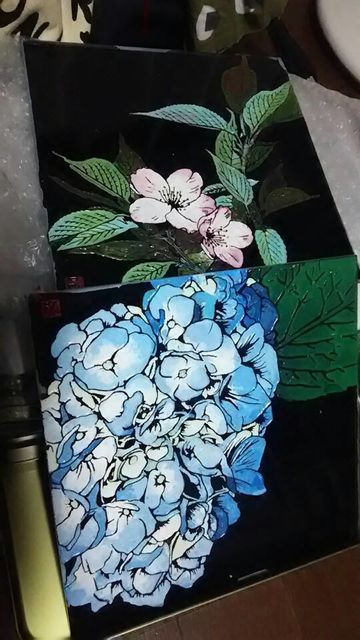 硝子エッチング　蒔絵風　彩色