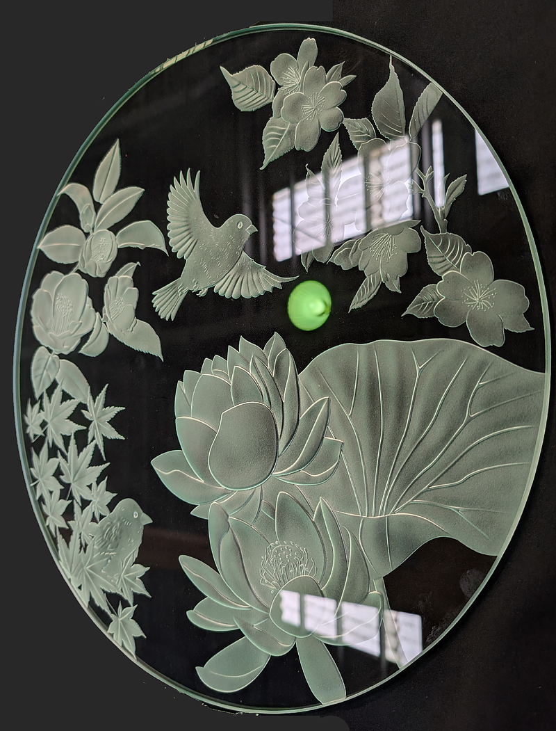 ガラスエッチング　円板　四季の花　問名寺