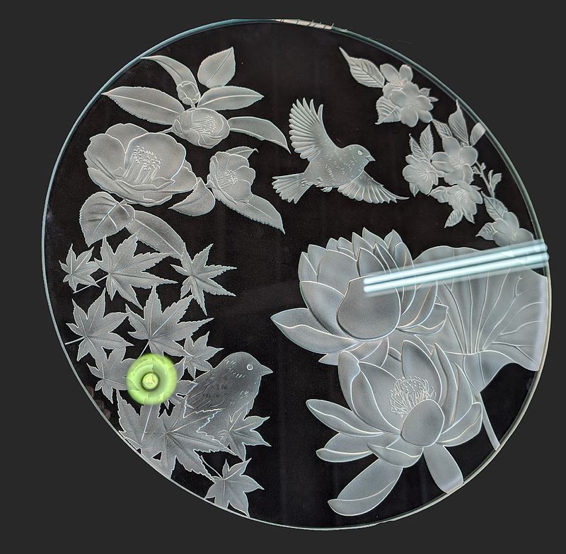 ガラスエッチング　円板　四季の花　問名寺
