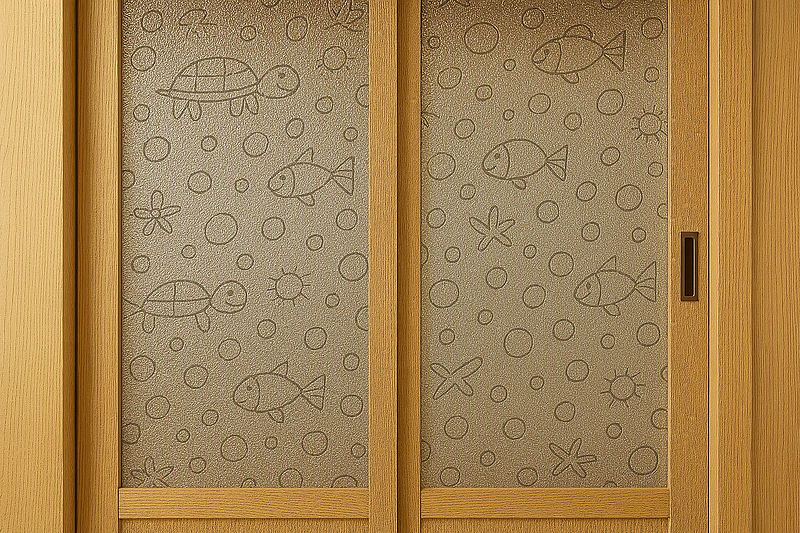 子どもの落書き オリジナル型板 ブラスト加工 建具 子どもの落書き オリジナル型板 ブラスト加工 建具