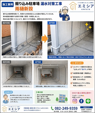 掘り込み駐車場の漏水対策工事｜雨樋新設による排水改善事例【広島市】