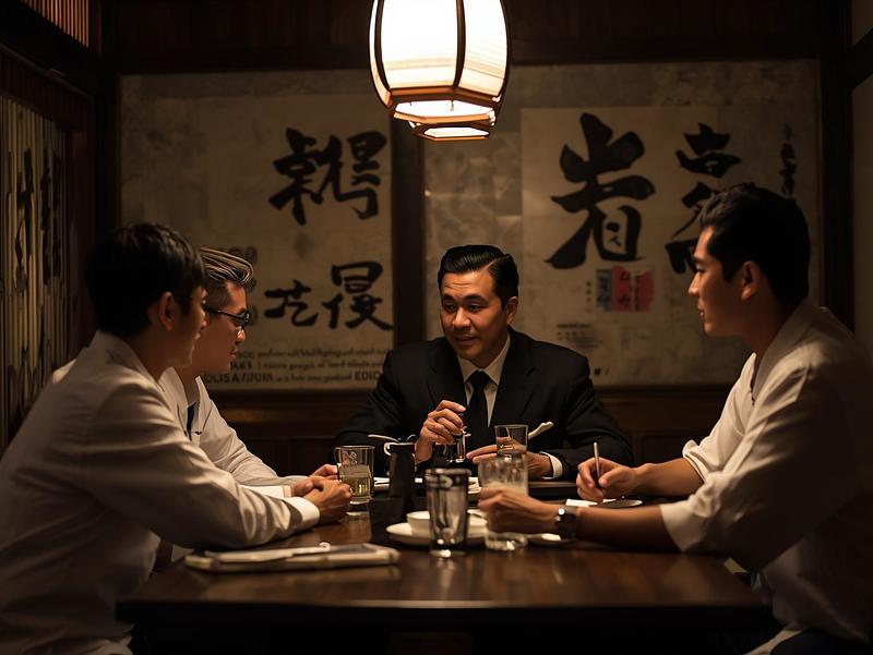 時間外に居酒屋で上司の話を聞く部下達