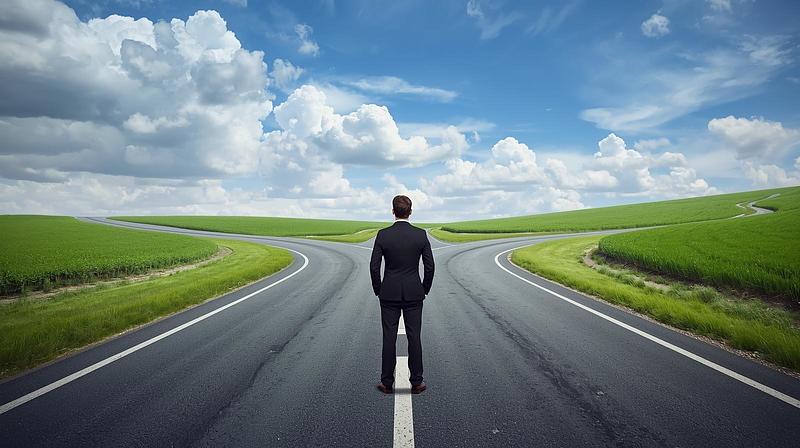 分かれ道の分岐点に立っている男性