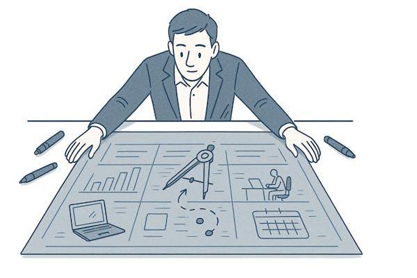 未来の設計図を広げる経営者