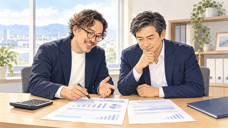 社長と顧問FPが資金計画と商品のメリット・リスクを確認している場面 社長と顧問FPが資金計画と商品のメリット・リスクを確認している場面