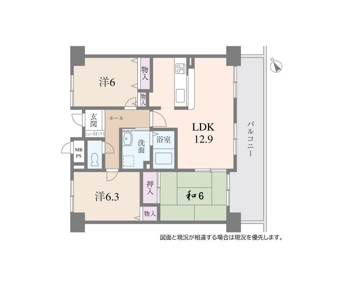 3LDKの間取り図。延床／67.25㎡の最上階