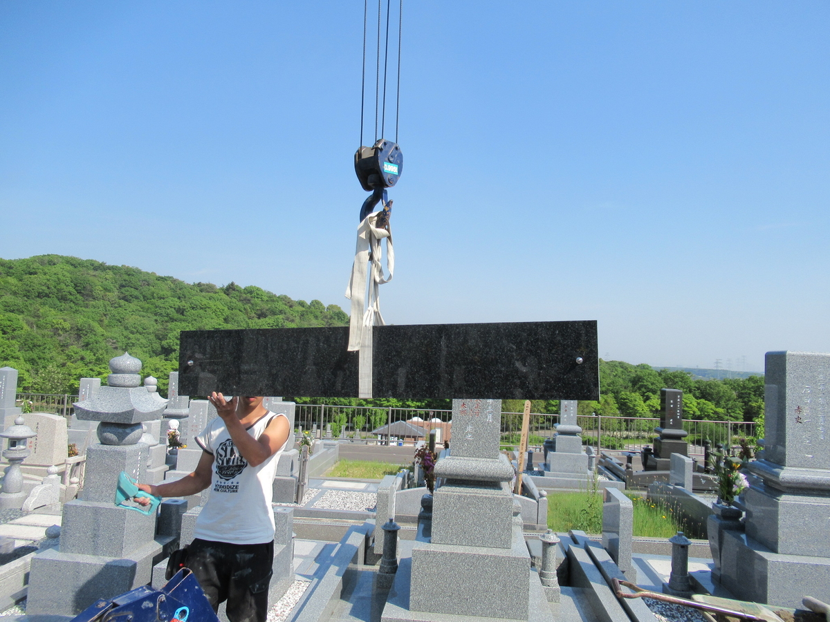 クレーンで外柵部材を吊り上げ。（→次へ）