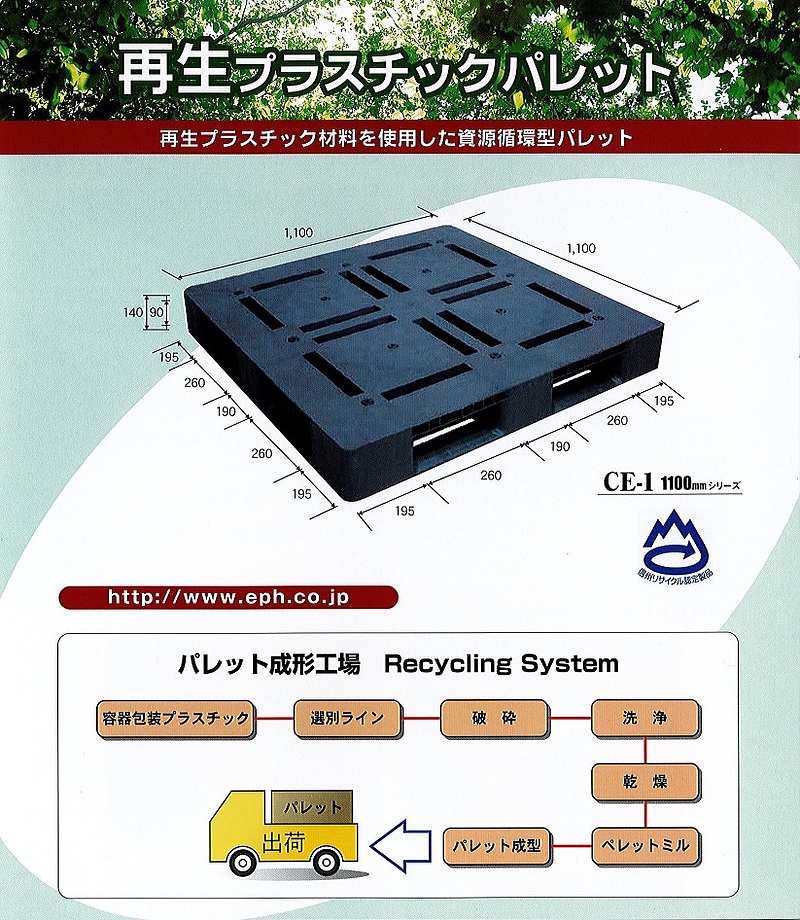 再生プラスチックパレット　家庭から出るプラスチック包装容器が原料です