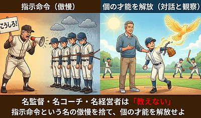名監督・名コーチ・名経営者は「教えない」。指示命令という名の傲慢を捨て、個の才能を解放せよ
