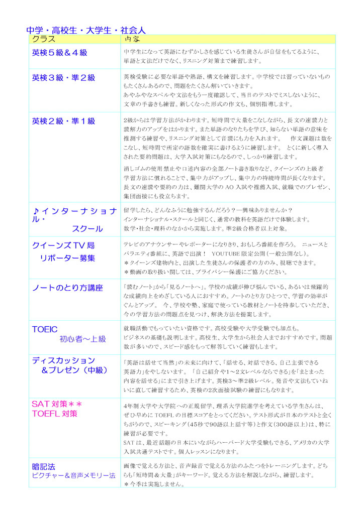 クイーンズの夏休みスクール2026 講座案内3 クイーンズの夏休みスクール2026 講座案内3