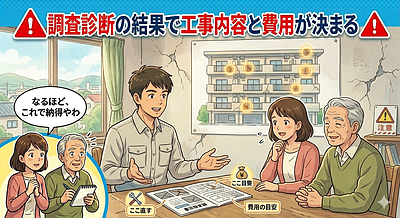 ⑤ 「調査診断の結果で“工事の内容と費用”が決まるんやで！」