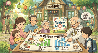 ⑤　今度の総会、ちょっと「長期修繕計画」の資料チラ見してみて～！