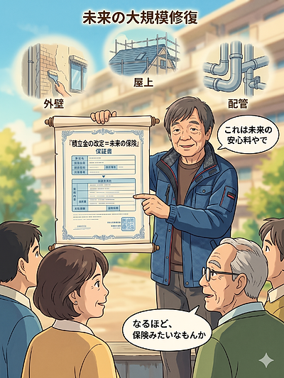 ②『積立金の改定＝値上げちゃうで。“未来の保険”や』