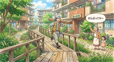 ④ 工事用通路は「職人さんの高速道路」