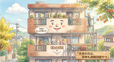 ⑤「住民さんへのお願い：洗浄の日はベランダの物、ちょっとだけ避難を」