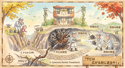 ④「鉄筋のサビは“ほっといたらアカン親戚”みたいに広がる」
