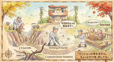 ⑤「住民さんへのお願い：補修中は“音が出る日”があります」