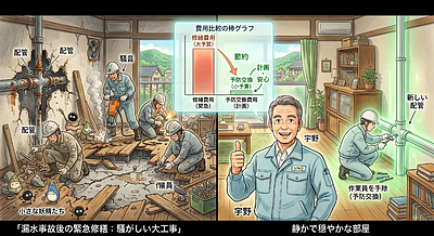 ③ 「専有配管は“壊れてから直す”と高うつくで。予防交換が一番コスパええ！」