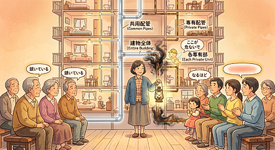 ② 「共用配管を新品にしても、専有配管が古いままやと“つながり部分”でトラブル出るで！」