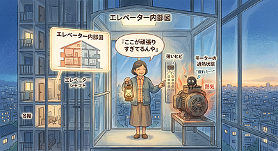 ① 「エレベーター、実は“24時間働きっぱなし”やねん。そら疲れるわ！」