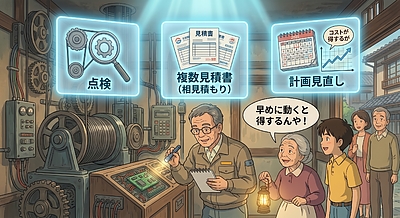⑤ 「早めの点検＆相見積もりが最強の節約術やで！」