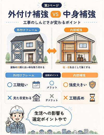 ③「“外付け”か“中身補強”かで工事のしんどさが変わるで」