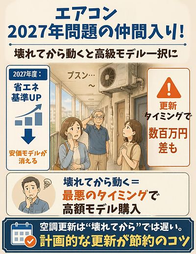 ④ 「エアコンも2027年問題の仲間入り！壊れてから動くと“高級モデル一択”になるで」