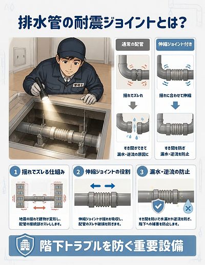 ④： 【排水管は“揺れたらズレる”のが当たり前やで】