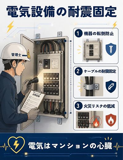 ⑤： 【電気設備は“揺れたら落ちる”を防ぐのがポイント】