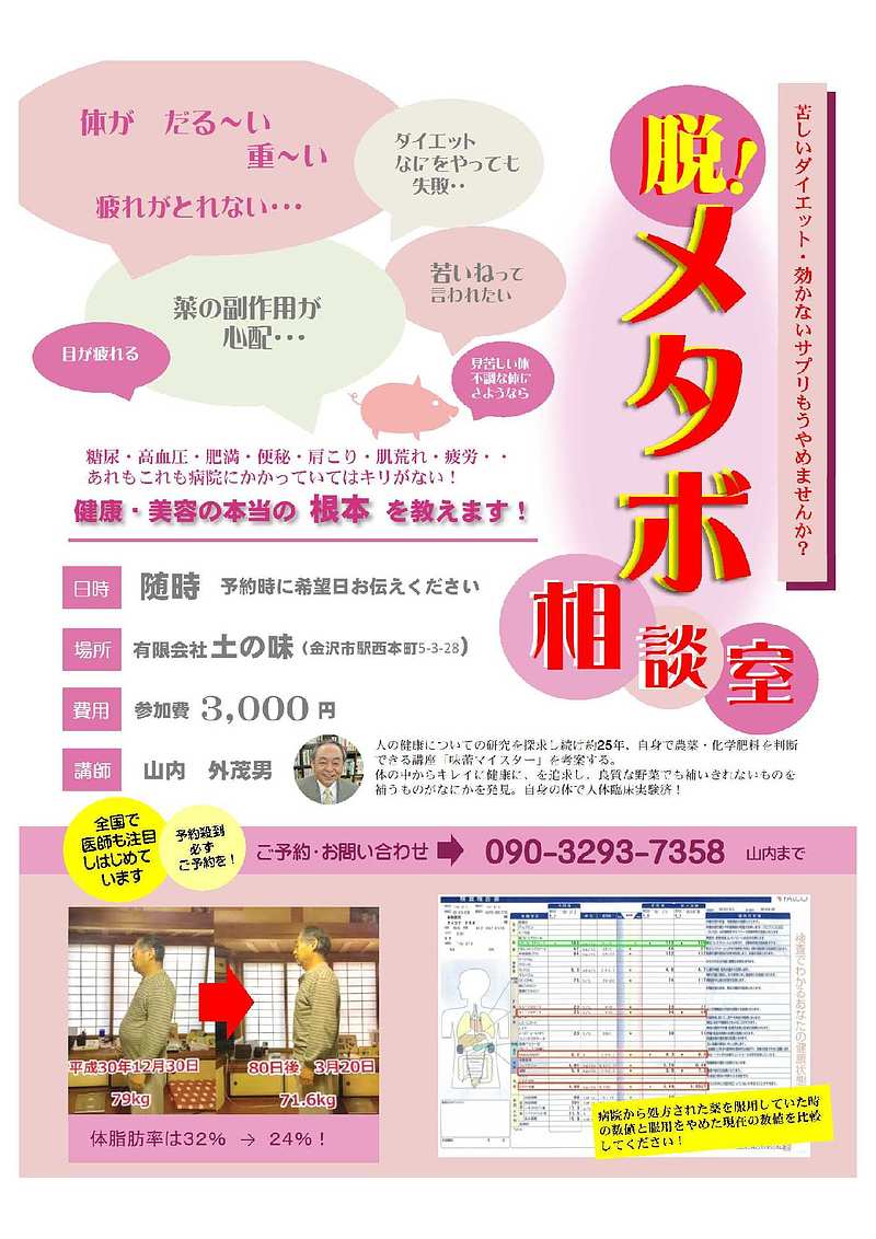 健寿1位会…(石川県の健康寿命を1位にする会)からのお知らせです。  一番身近な健康バロメーターは体重！体脂肪！ 研究に研究を重ね、元気ダイエット開始！ 特に50歳以上の男性は40年間でメタポが2.4倍