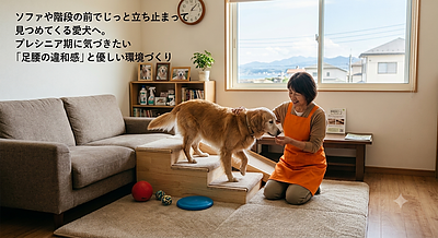ソファや階段の前でじっと立ち止まって見つめてくる愛犬へ。プレシニア期に気づきたい「足腰の違和感」と優しい環境づくり