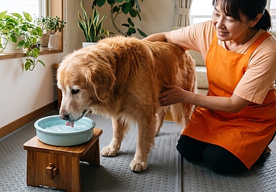 お水を飲むとき周りをビショビショにしてしまう、うまく飲めない老犬へ。舌の筋力低下をサポートする「水飲み場」の工夫