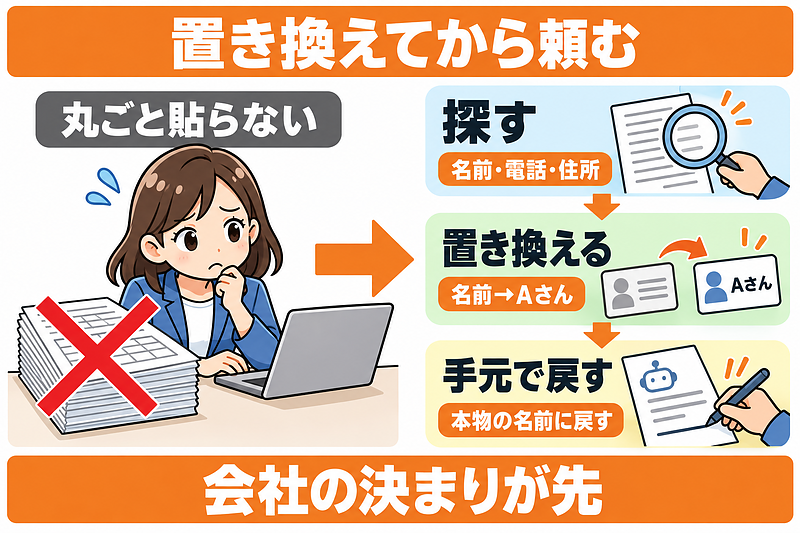 図解: AIに頼む前に、名前を置き換える。名簿は丸ごと貼らない。名前・電話・住所を探し、名前は「Aさん」に置き換えて頼み、答えは手元で本物の名前に戻す。会社の決まりがあれば、そちらが先 図解: AIに頼む前に、名前を置き換える。名簿は丸ごと貼らない。名前・電話・住所を探し、名前は「Aさん」に置き換えて頼み、答えは手元で本物の名前に戻す。会社の決まりがあれば、そちらが先