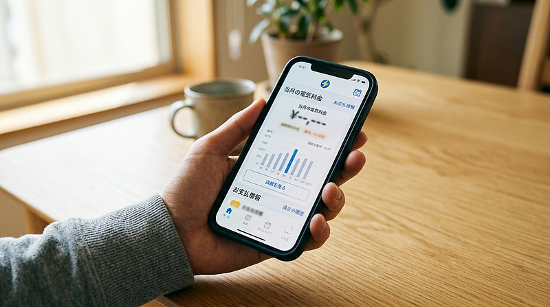 スマートフォンで電気代を確認する手元 スマートフォンで電気代を確認する手元