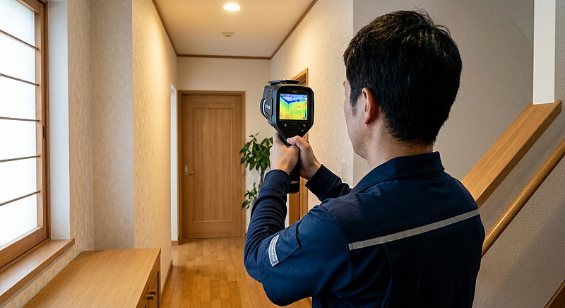 赤外線カメラで室内を調査するスタッフ 赤外線カメラで室内を調査するスタッフ