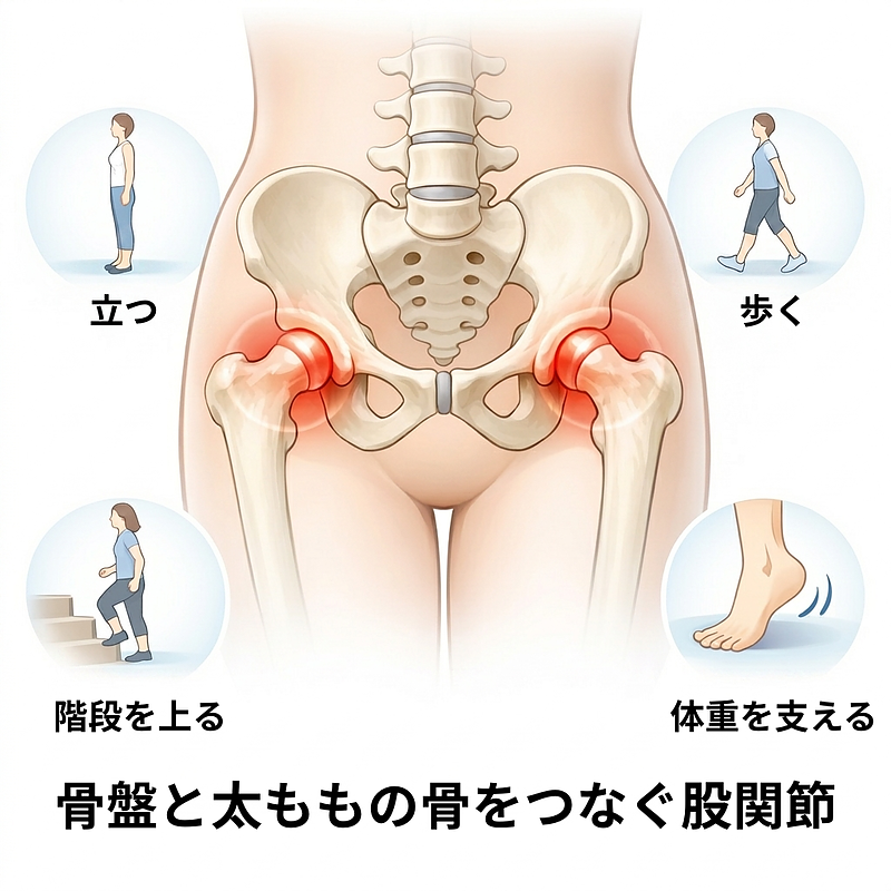 骨盤を太ももの骨をつなぐ股関節の図。