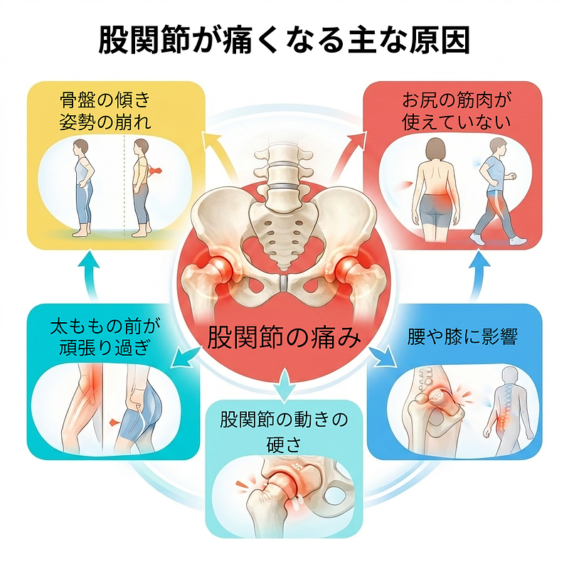 股関節が痛くなる主な原因の解説図。
