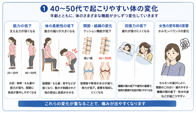 40～50代で起こりやすい体の変化をまとめた図解。