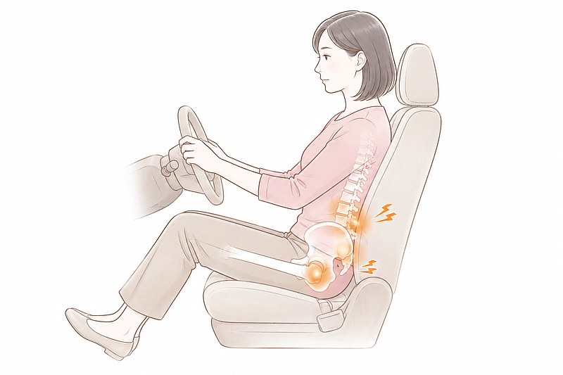 長時間の車移動によって、腰・骨盤・股関節まわりが固まりやすくなる状態を示した挿絵です。普段の短時間運転では気づきにくい体の硬さが、長時間座り続けることで腰痛として現れやすくなることを視覚的に表しています。