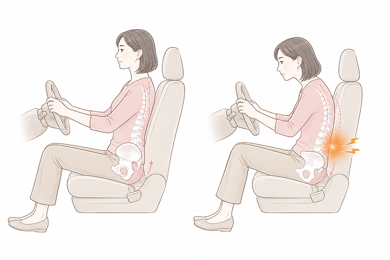 車のシートに座った時の理想的な姿勢と、骨盤が後ろに倒れて腰へ負担がかかる姿勢を比較した挿絵です。長時間の車移動で腰が痛くなる原因のひとつである、座り姿勢のくずれを分かりやすく表現しています。